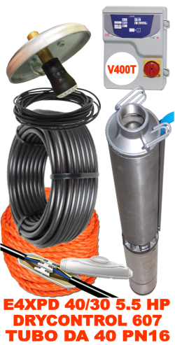Impianto di sollevamento acqua per pozzo con pompa sommersa Caprari E4XPD40-30 - 5,50 HP trifase tubazione da 40mm PN16