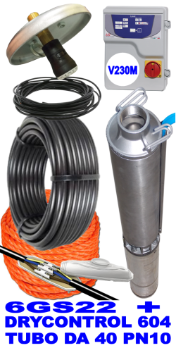 Impianto di sollevamento acqua per pozzo con pompa sommersa 6GS22 - 3,00 HP monofase e linea  elettrica max 130ml tubazione diametro 40mm